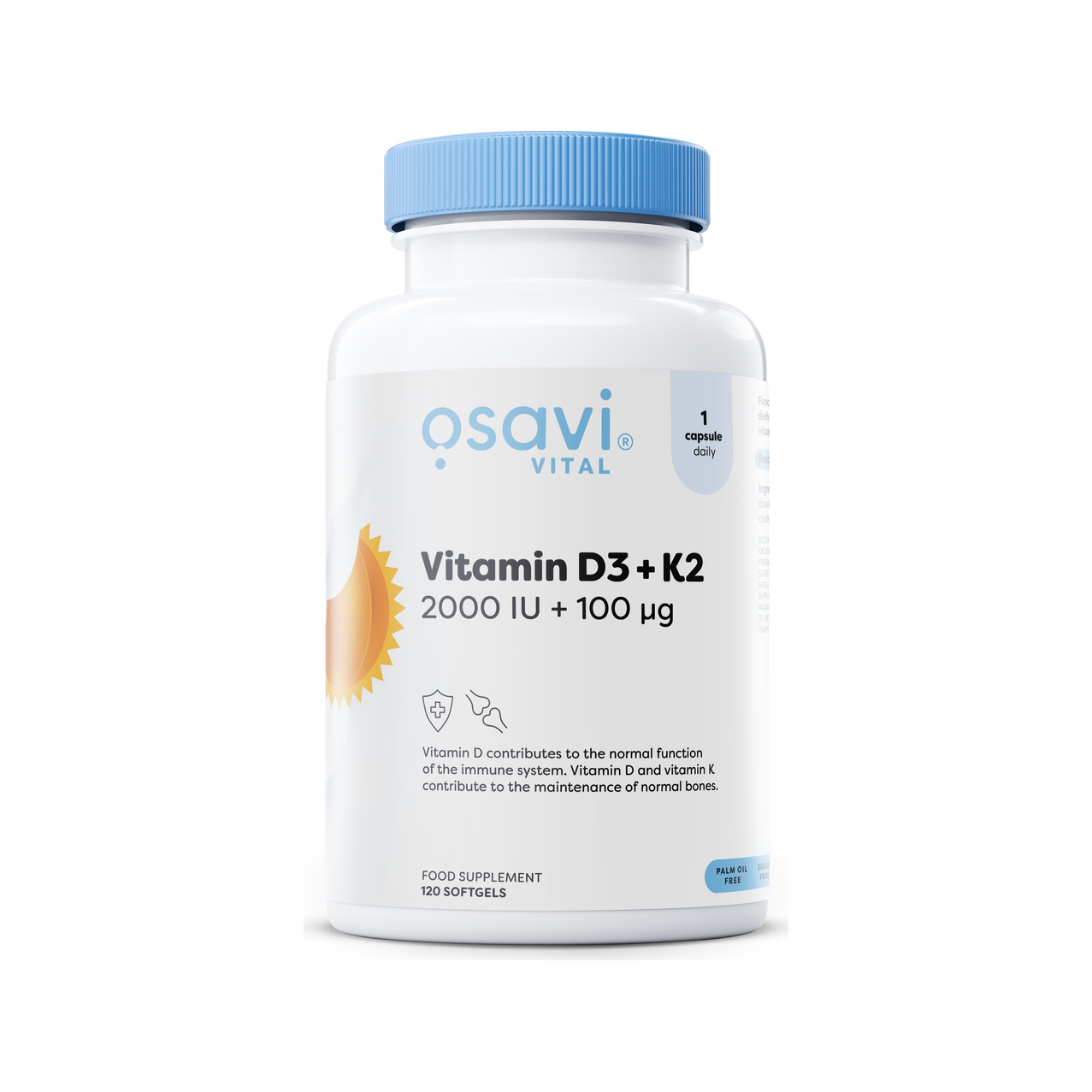 Tillskottsflaska med Vitamin D3+K2, vit etikett och blå lock