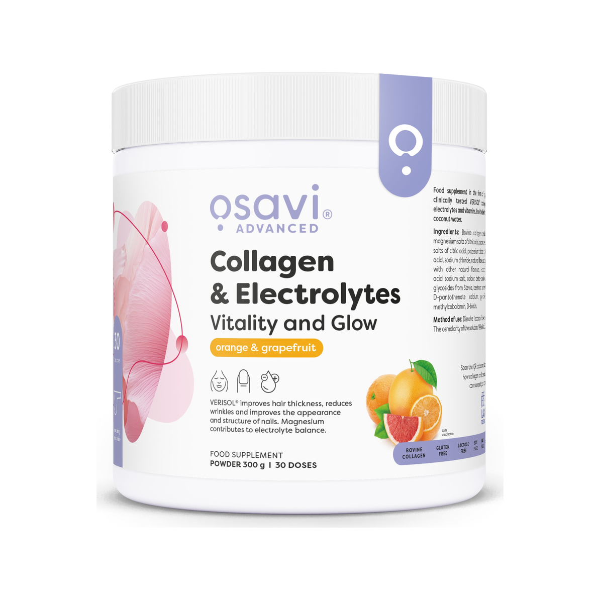 Osavi kollagen- och elektrolytpulver i burk, Orange & grapefrukt, 300 g