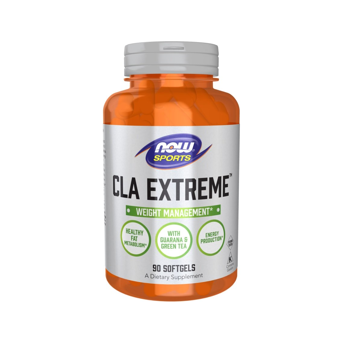 NOW Foods CLA Extreme 90 kapslar, orangefärgad softgelburk med lock