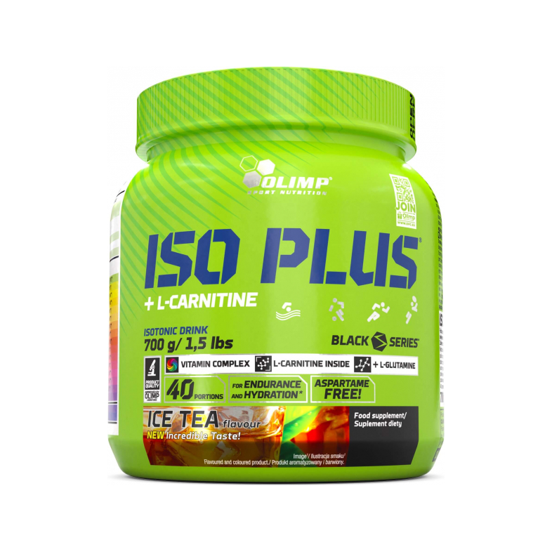 Olimp Nutrition Iso Plus 700 g grön burk med Ice Tea-smak på etiketten