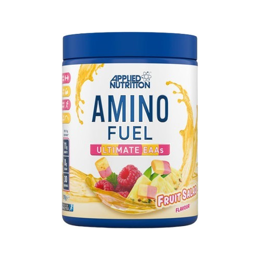 Aminofuel-burk med blått lock och etikett för Fruit Salad.