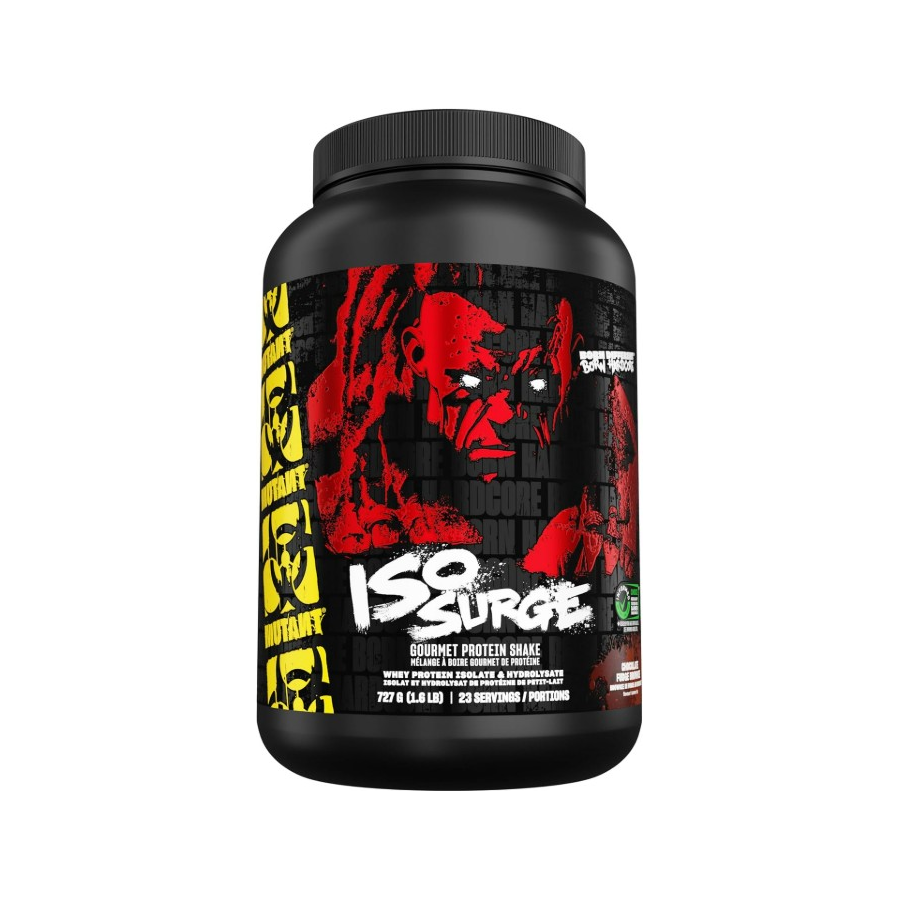 Proteinshakeburk med svart lock och röd/svart etikett, gul sidodesign