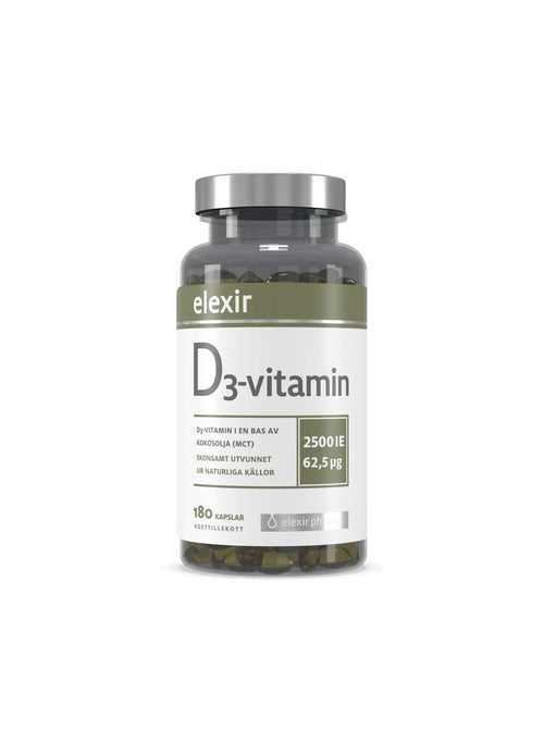 Elexir Pharma D3-vitaminkapslar 2500 IE, flaska med etikett