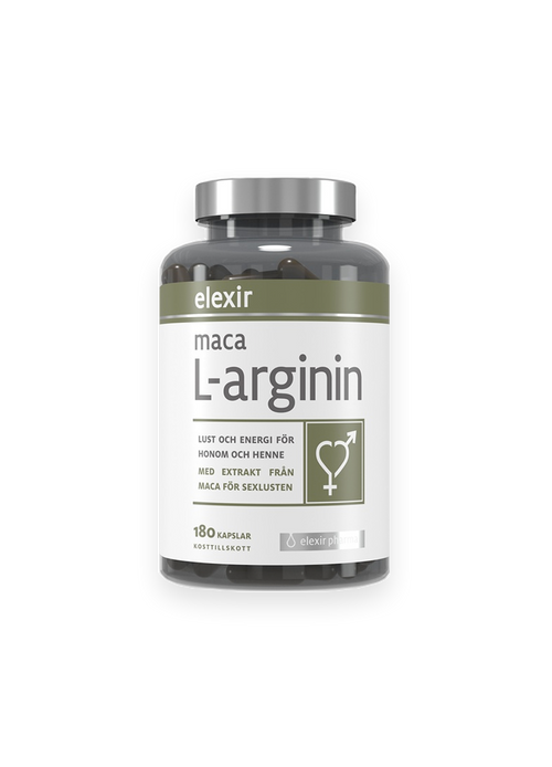 Elexir Pharma maca L-arginin kosttillskott i kapselburk med lock
