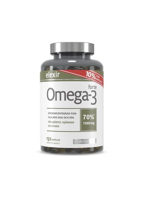 Omega-3 Forte 1000 mg kapselburk med etikett och lock, 132 kapslar.
