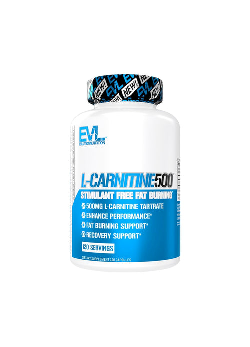 EVLution-kapselburk med L-Carnitine 500, vit med blå etikett