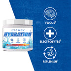 Tillskottsburk med Evogen Hydration-etikett och ikoner Focus+, Elektrolytes