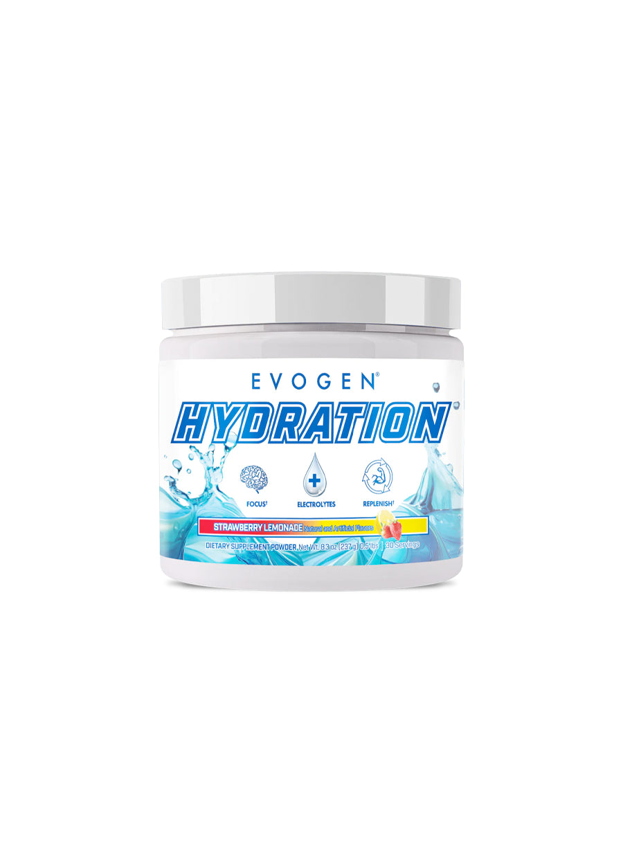 Tillskottsburk med Evogen Hydration-etikett och blå typografi, vit burklock