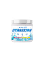Tillskottsburk med Evogen Hydration-etikett och blå typografi, vit burklock
