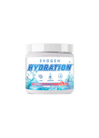Tillskottsburk med etikett Evogen Hydration och blå design, vit burklock