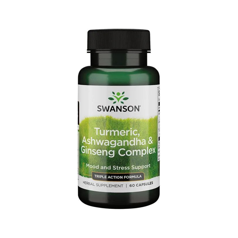Swanson gurkmeja, ashwagandha & ginseng-komplex, kapselburk med etikett