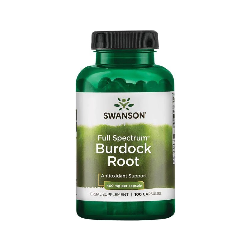 SWANSON full spectrum burdock root örttillskott, kapselburk med grön etikett