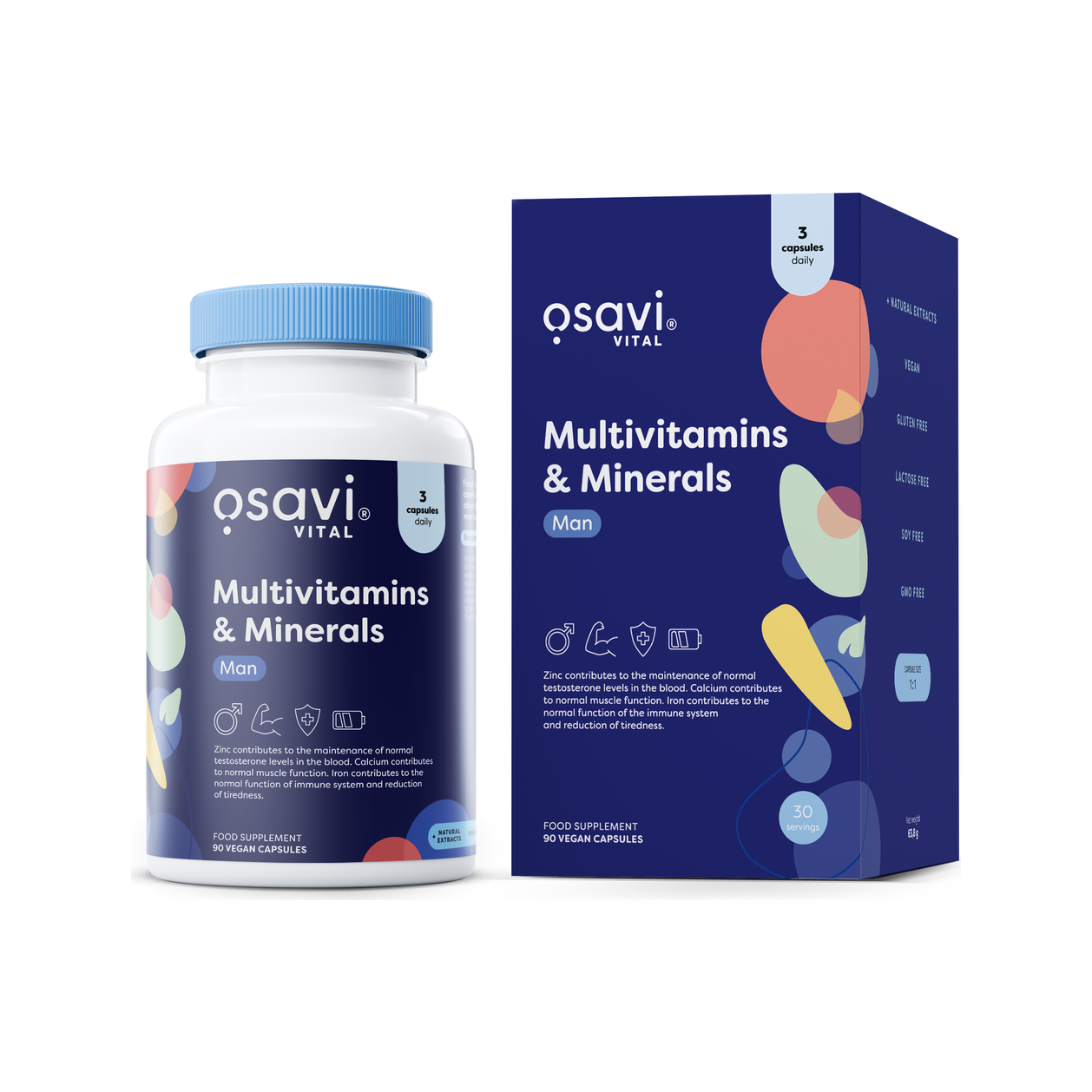 Osavi Vital multivitaminer & mineraler för män: kapselburk och kartong