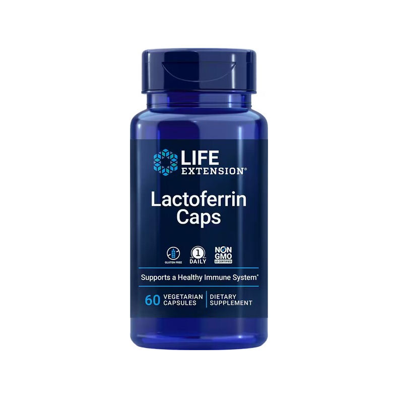 Life Extension laktoferrin kapslar, blå burk med etikett och lock