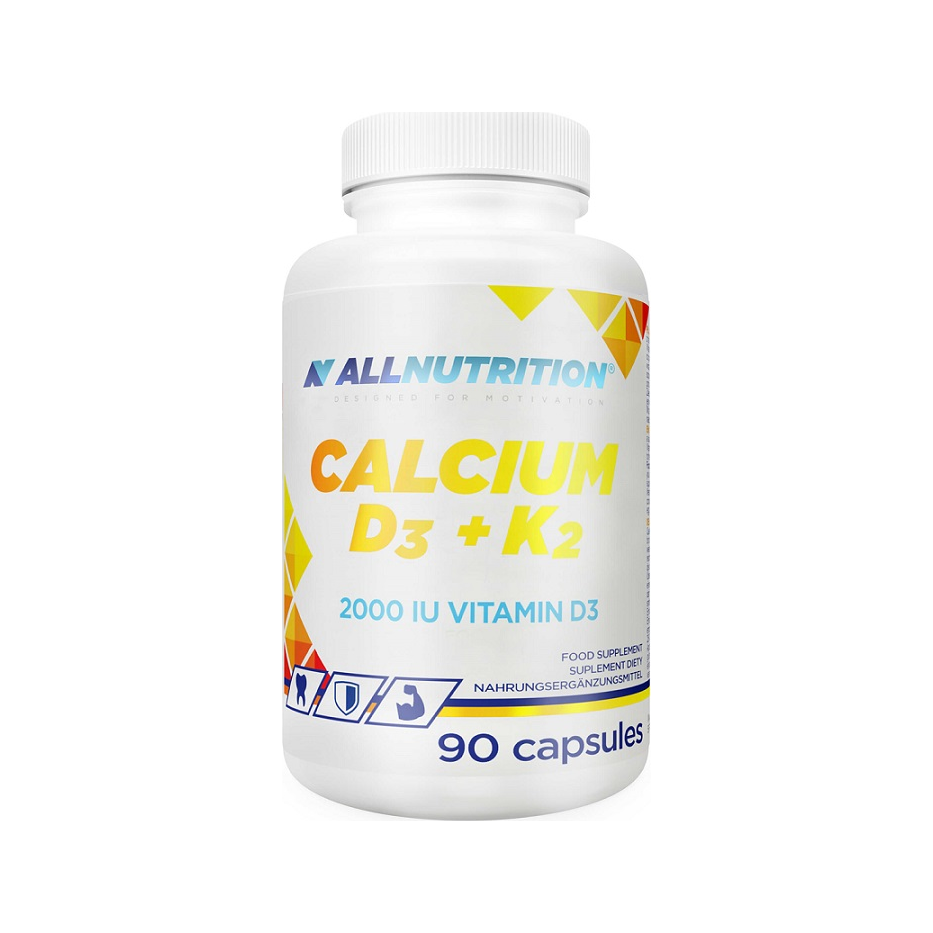 ALLNUTRITION Kalcium D3 + K2 90 kapslar, burk med etikett.