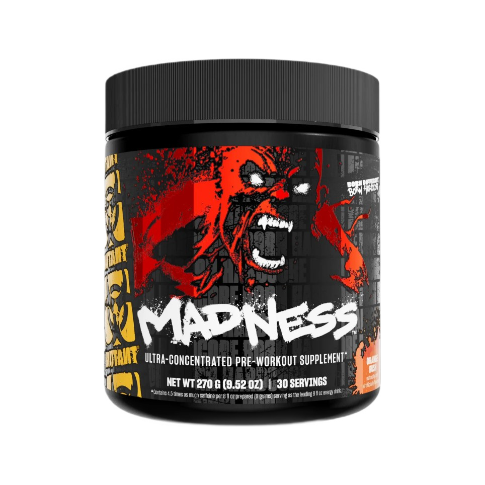 Burk med pre-workout kosttillskott, svart etikett med demon och orange färgskiftning.