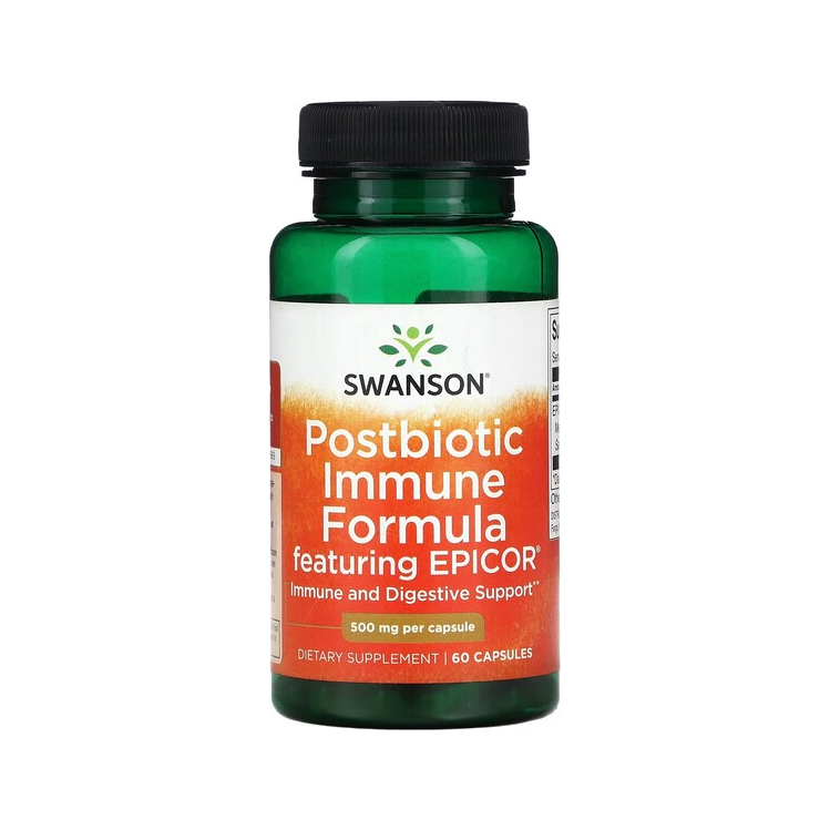 Swanson Postbiotic Immune Formula kapslar i grön flaska med svart lock, 60 kapslar