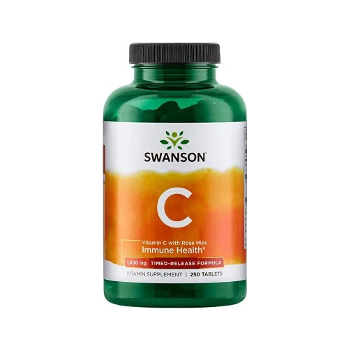 Swanson vitamin C-burk med rosenhöfter, grönt glas, svart lock, 250 tabletter