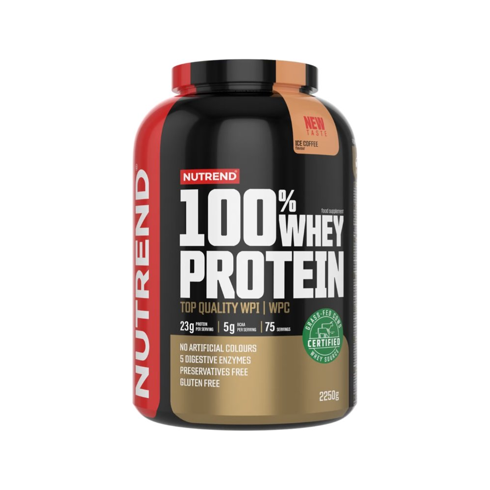 Proteinpulverburk med röd och svart etikett, Ice Coffee-smak