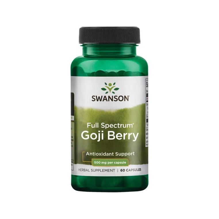 Swanson fullspektrum gojibär 500 mg kapslar, grönt kosttillskottsflaska med etikett