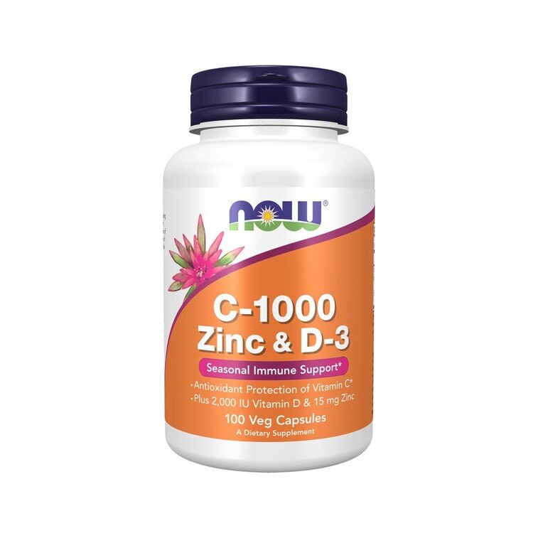 Kosttillskottflaska NOW Foods med vit etikett och lila lock, C-1000 Zinc & D-3