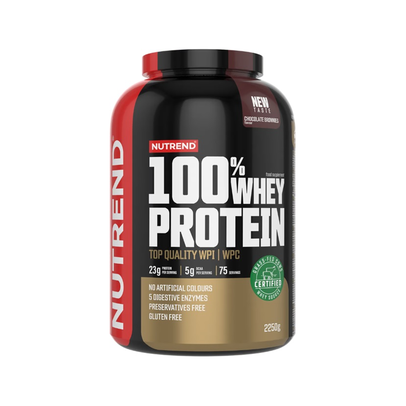 Nutrend 100% vassleprotein 2250 g, röd burk med svart lock och brun toppetikett.