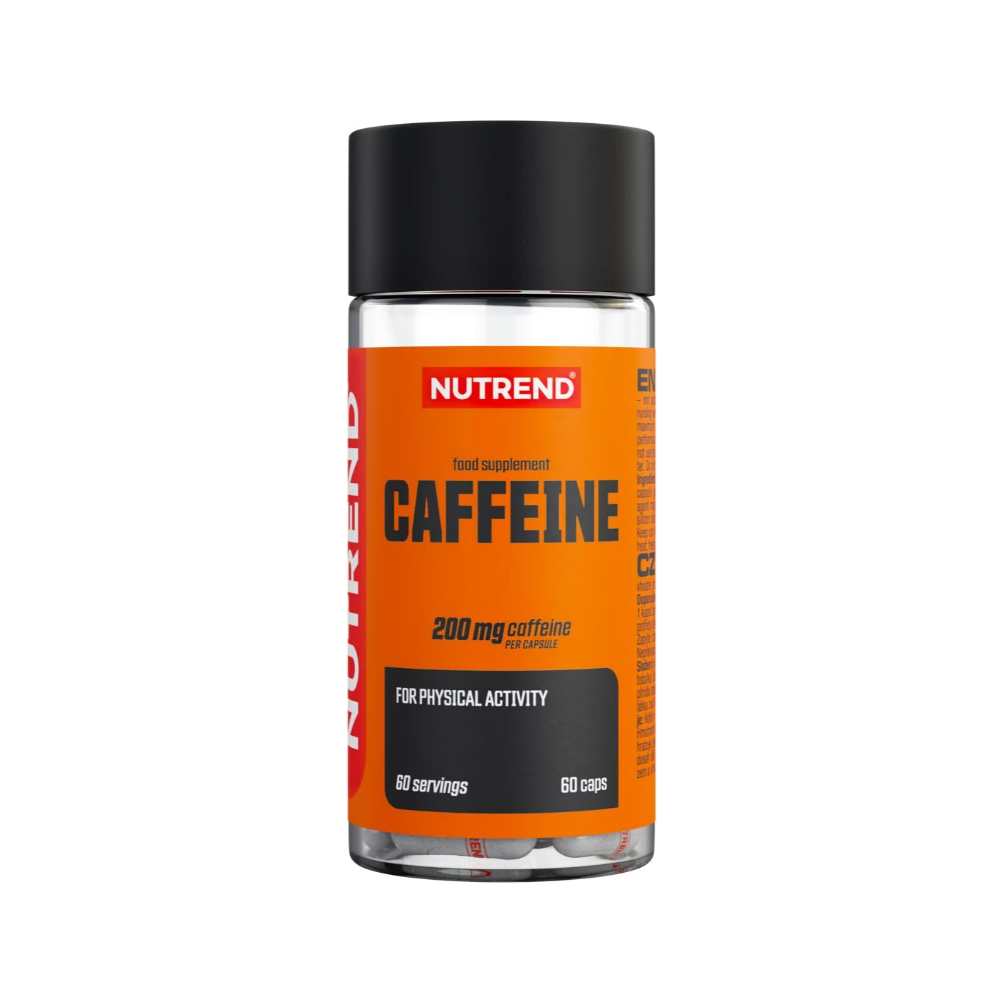 Kapselburk med koffein, orange etikett och svart lock