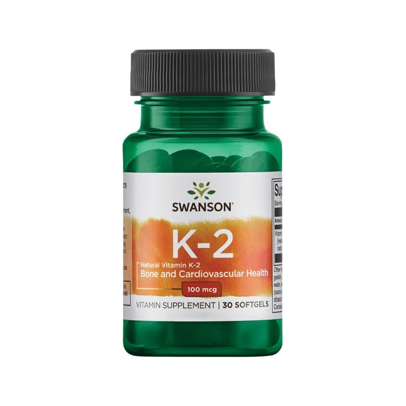Swanson vitamin K-2 100 mcg kapslar, plastflaska med gröna etiketter