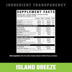 Närings- och ingredienskarta på pre-workout-burk, med texten "Island Breeze"
