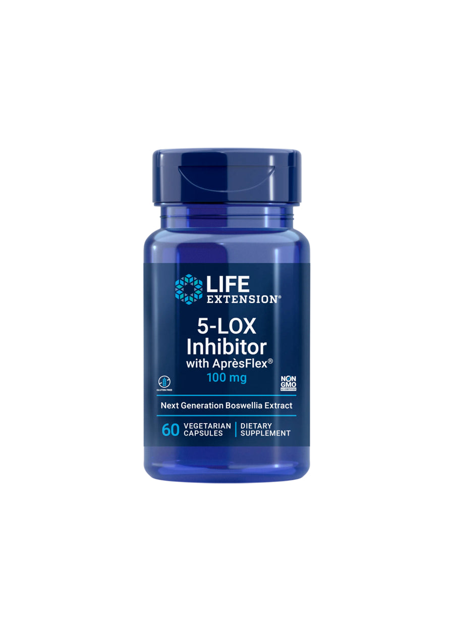 Life Extension 5-LOX Inhibitor kapselburk, blå etikett med ApresFlex 100 mg och 60 kapslar