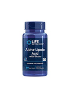 Blå kapselflaska för kosttillskott Life Extension Alpha-Lipoic Acid med biotin, 60 st