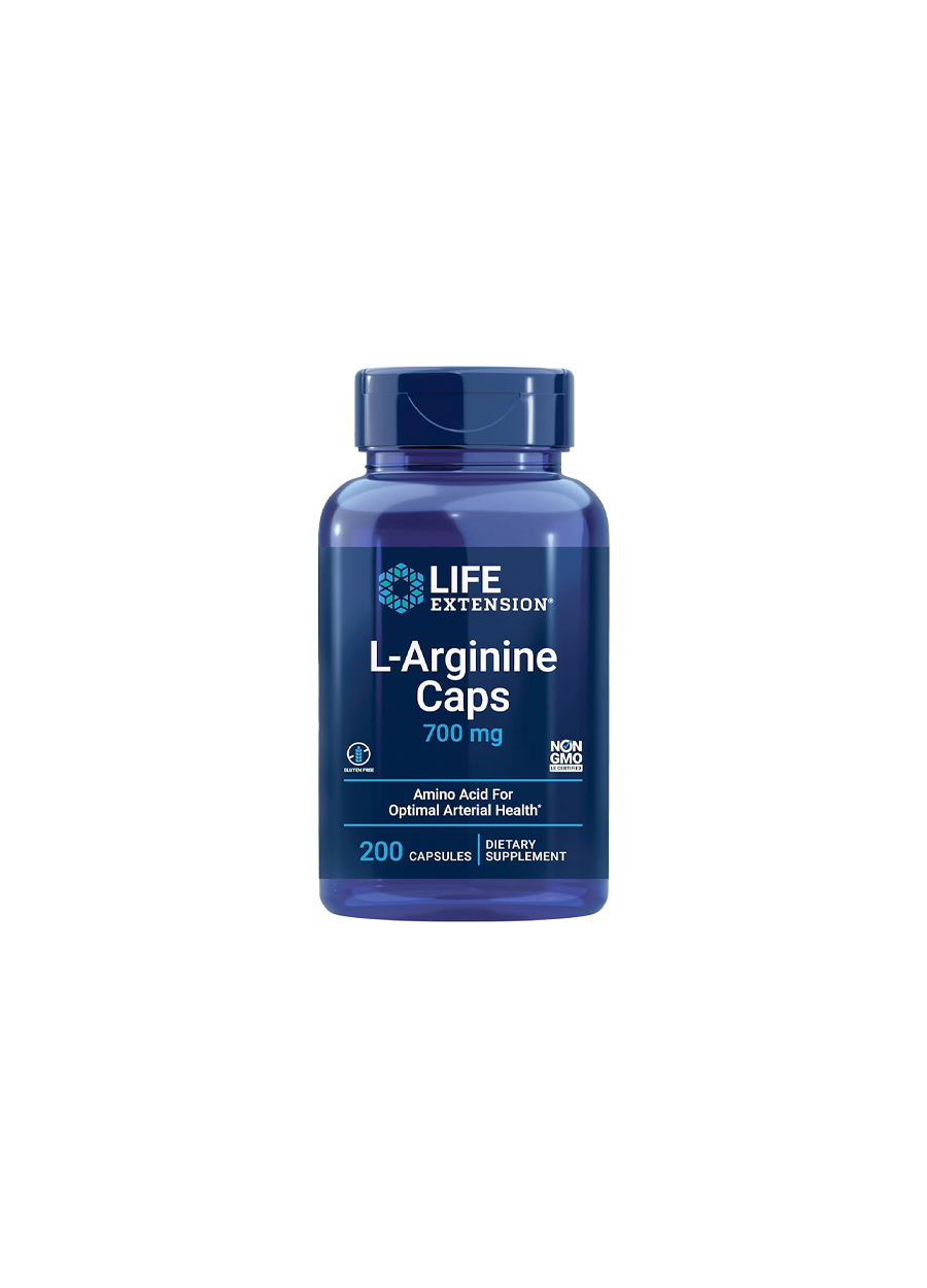 L-Arginine kapseltillskott i flaska, 700 mg, 200 kapslar, blå etikett och lock.