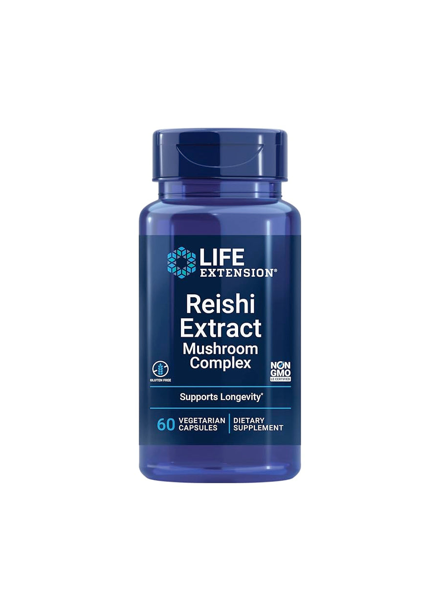 Life Extension reishi-extrakt kapseltillskott, blå flaska med 60 kapslar