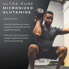MuscleTech Platinum glutaminburk med svart lock i förgrunden