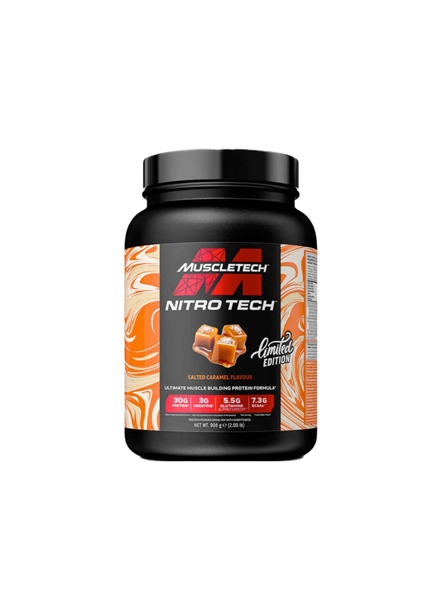 Whey protein-burk i svart med orange etikett och svart lock från MuscleTech Nitro-Tech