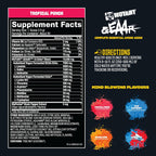 Kosttillskottsetikett med “Supplement Facts” och smak “Tropical Punch”