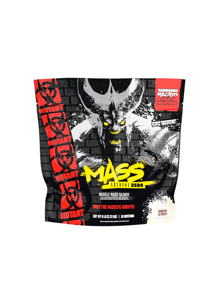 Proteintillskottpåse Mutant Mass Extreme 2500, svart/röd, vaniljförpackning.