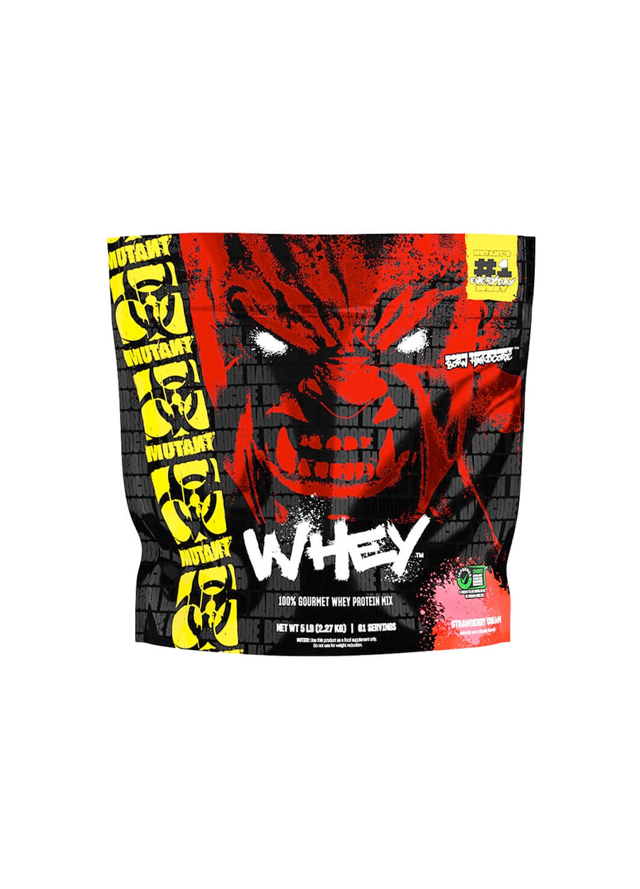 Mutant Whey proteinpulverpåse med WHEY-logotyp och svart-röd design