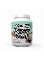 Naughty Boy Advanced Whey-proteinpulverburk med turkos etikett och svart logga