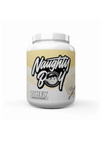 Naughty Boy Advanced Whey-proteinpulverburk med gul etikett och svart logga