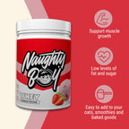 Whey-protein i burk från Naughty, röd etikett med jordgubbsbild