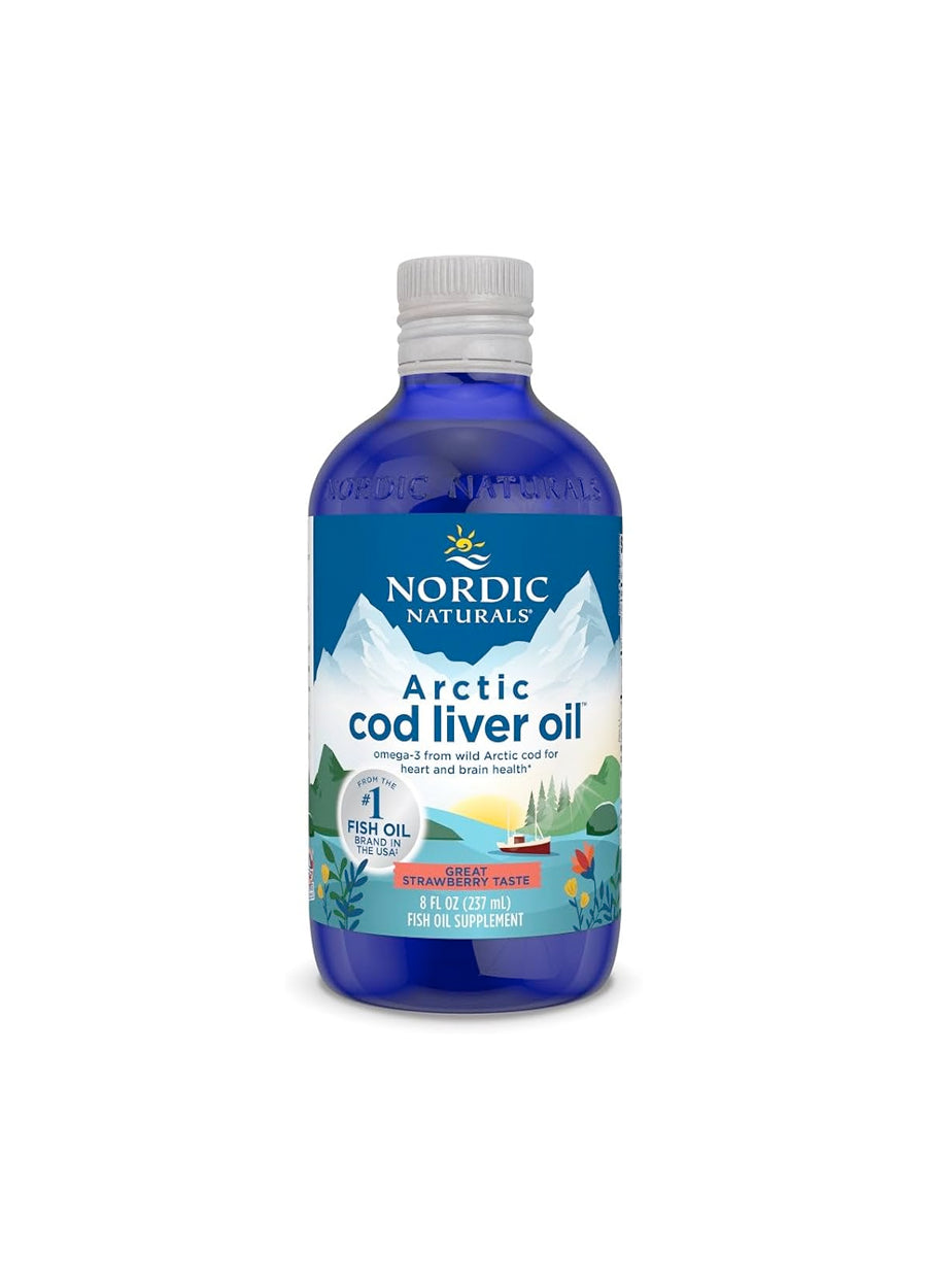 Nordic Naturals Arctic cod liver oil-flaska, blå med jordgubbsdoft