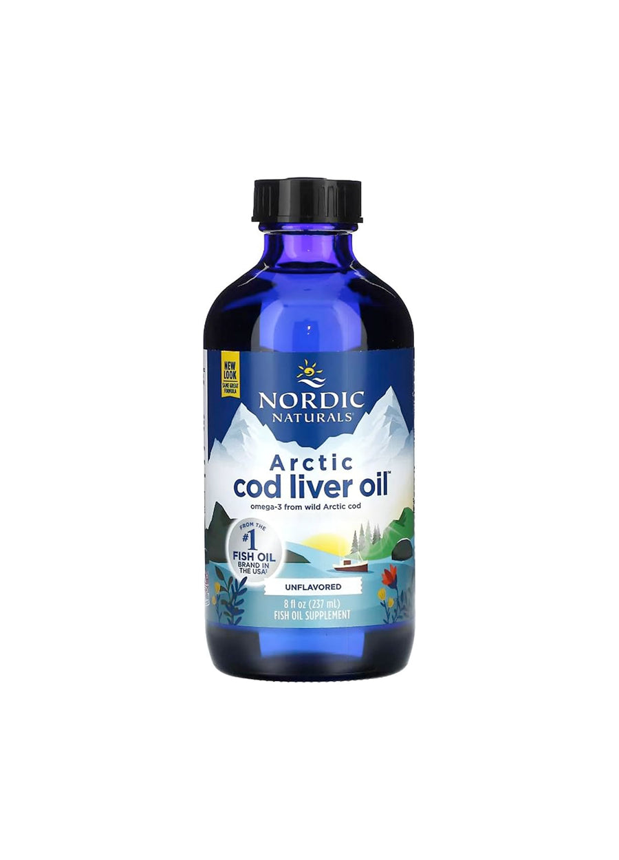 Nordic Naturals torskleverolja i blå flaska med svart skruvkork, utan smak.