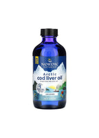 Nordic Naturals torskleverolja i blå flaska med svart skruvkork, utan smak.