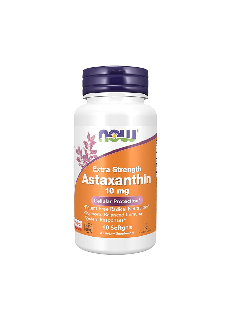 NOW Foods Astaxanthin Extra Strength 10mg 60 Kapslar Framsida
