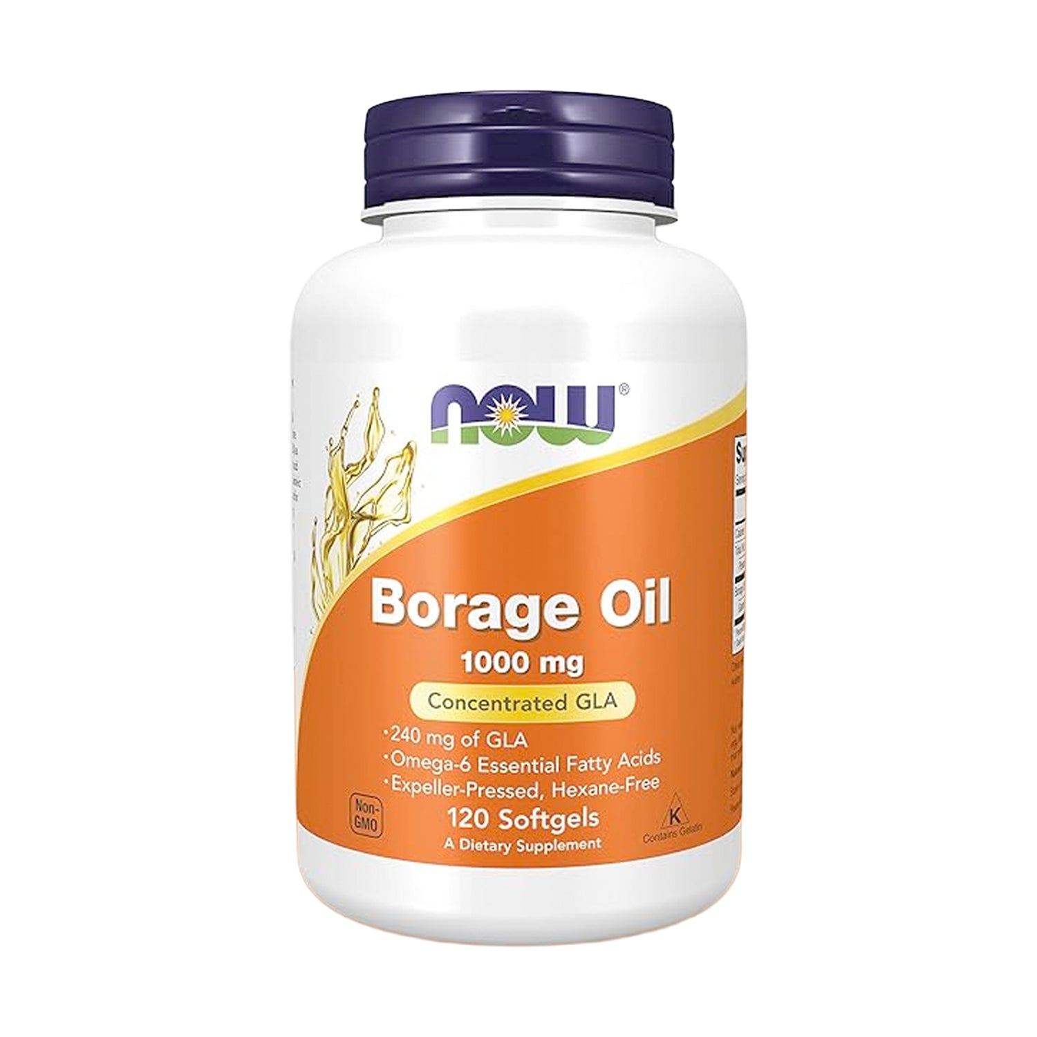 NOW Foods borrago-olja 1000 mg i vit flaska med lila lock, mjukgelkapslar