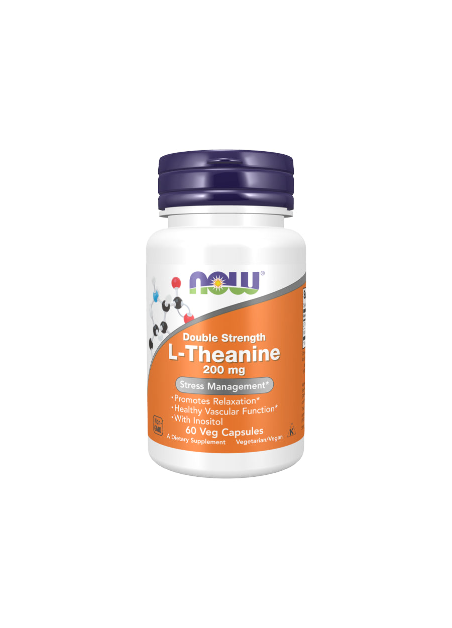 NOW Foods Double Strength L-Theanine 200mg 60 Kapslar Framsida