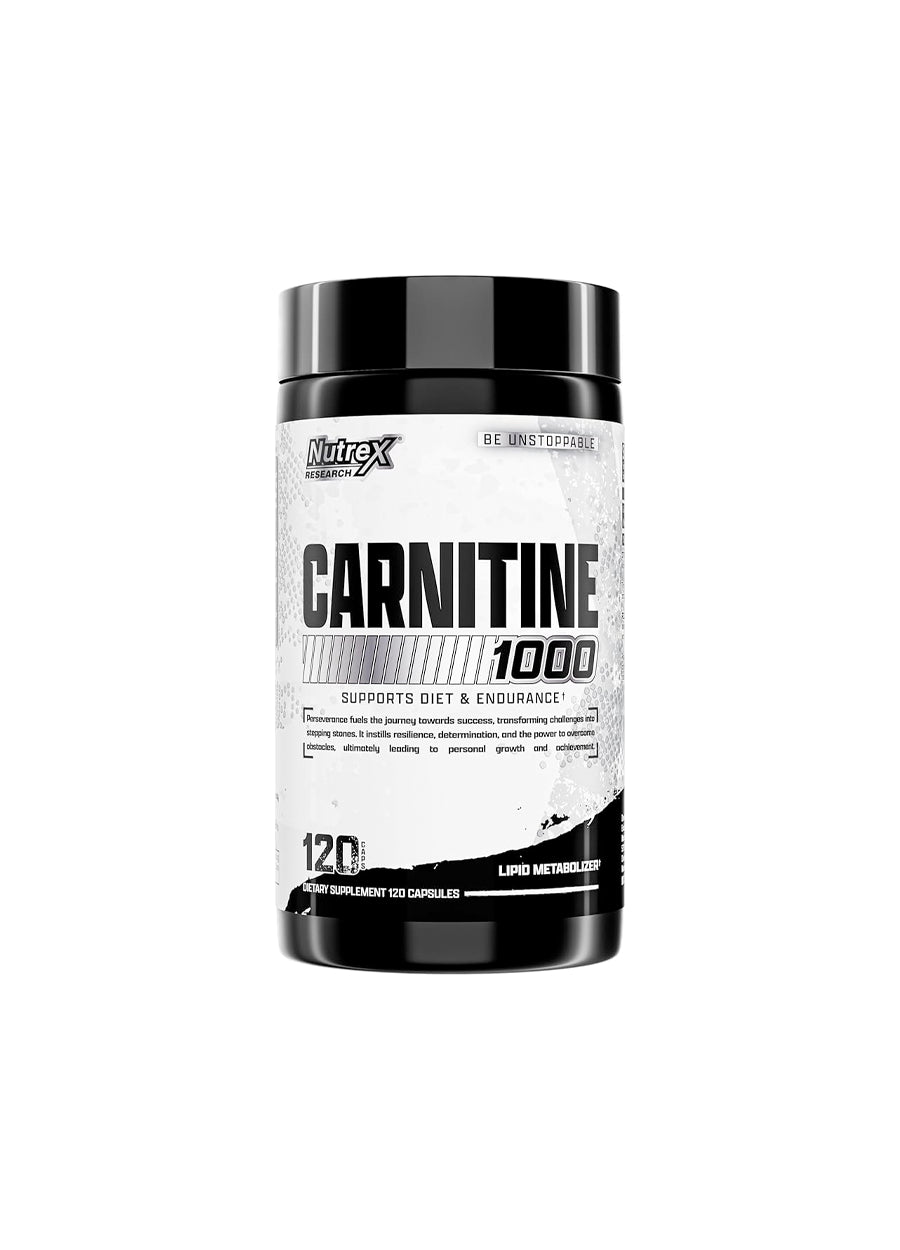 Nutrex Research L-Carnitine flaska med svart lock, etikett CARNITINE 1000