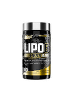 Nutrex Lipo-6 kapselbehållare med svart etikett och silverlock