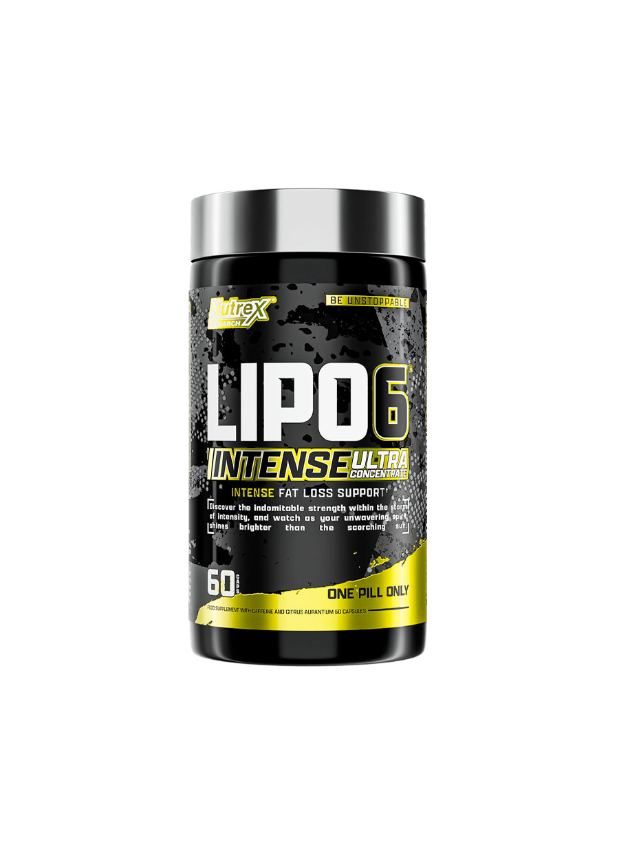Nutrex Research Lipo-6 svart kosttillskottsflaska med silverlock och gul etikett